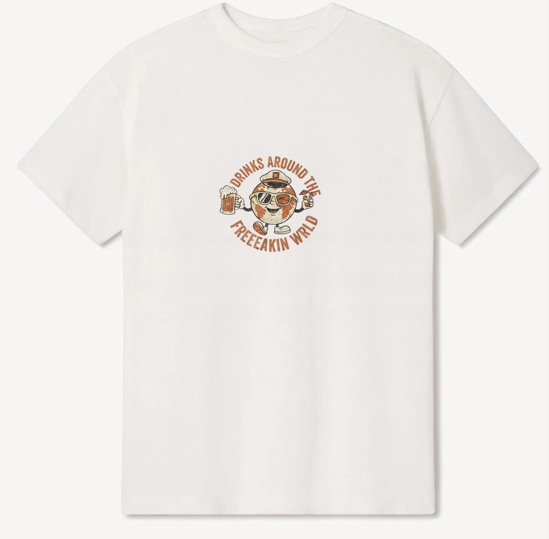 World Crawl white t-shirt, front — retro globe character print
